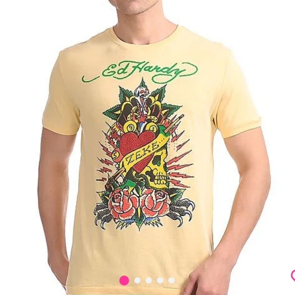 Ed Hardy Mens Y2K Standard Fit Studded T-Shirt Size Large Butter Yellow Grunge